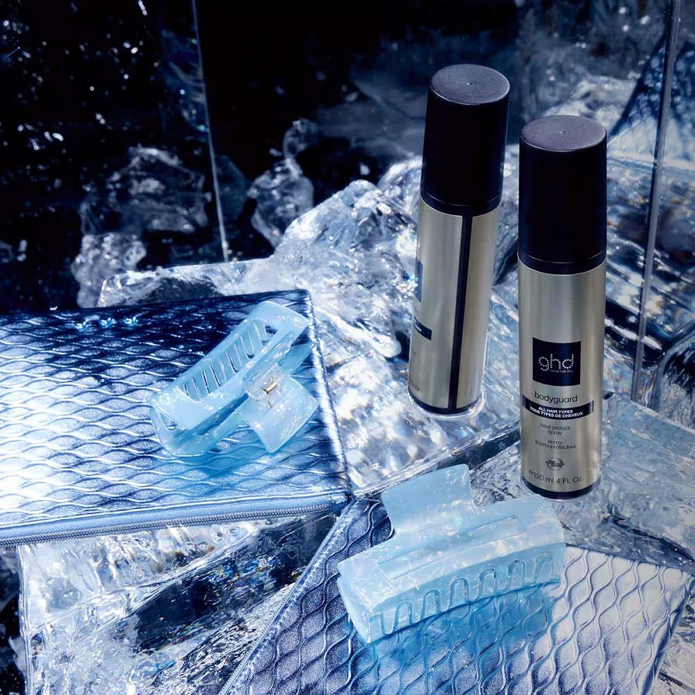 Coffret Luxe Style GHD Iced - Bodyguard 120 ml + trousse + pince à cheveux